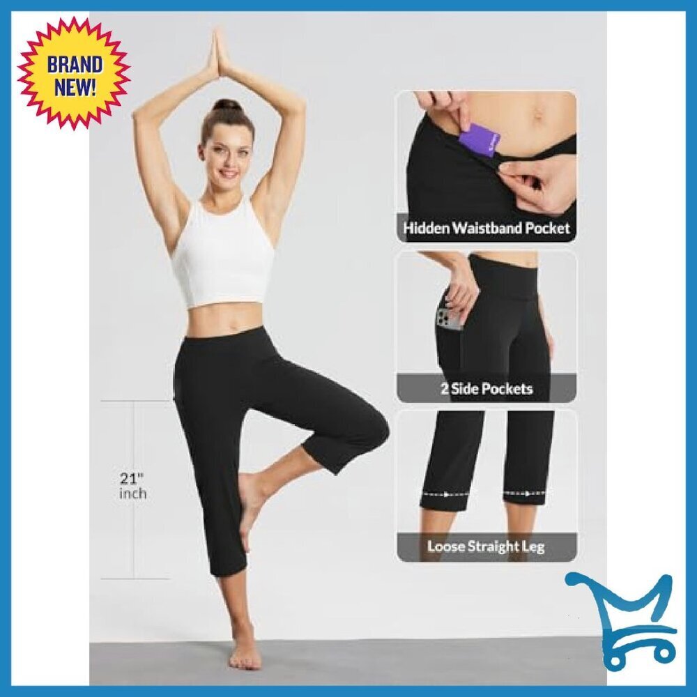 High Waist Yoga Capri Pants with Pockets Wide Leg Workout Crop - Picture 5 of 8